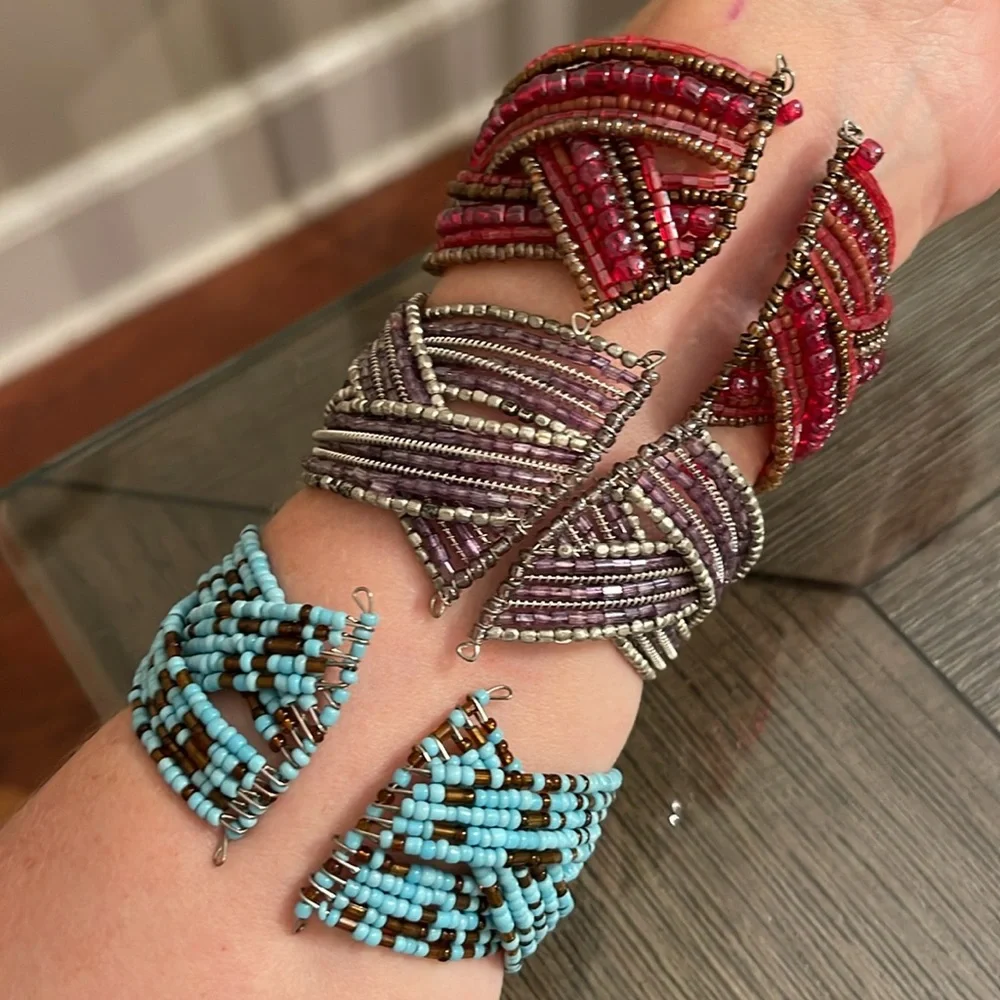 Vintage Style Seed Bead braided Memory Wire  Bracelets  Red, Purple, Blue